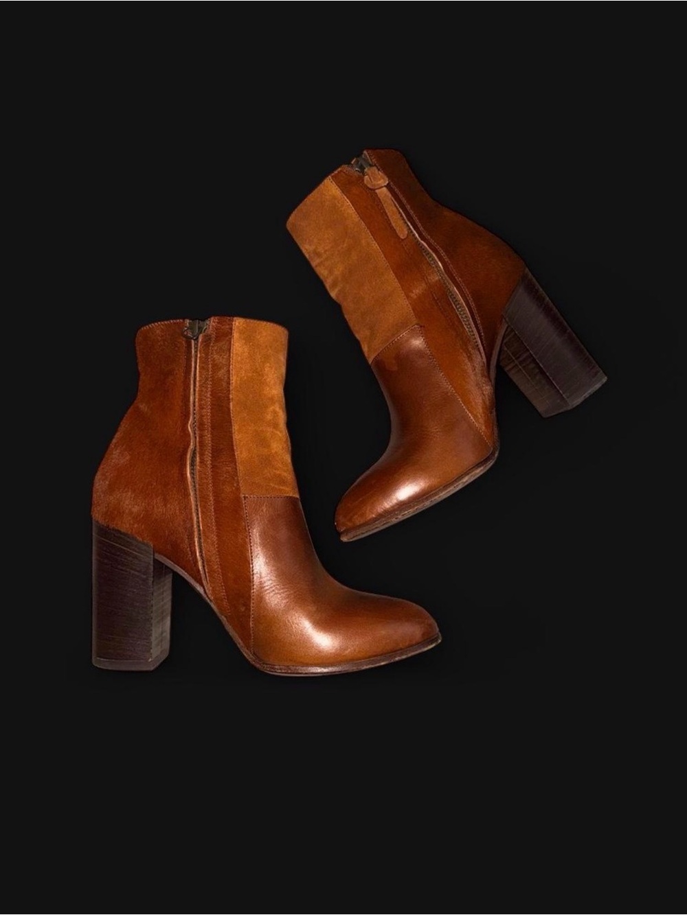Billy Reid Cognac Brown Leather & Suede Block Heel Ankle Boots